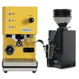 A Profitec Go (Yellow) Espresso Machine with gauges and steam wand stands beside a matte black Eureka Mignon Zero 55s Single Dose Coffee Grinder filled with beans, both from the Profitec brand, displayed on a white background.