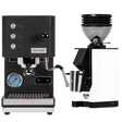 A Profitec Go (Black) Espresso Machine, complete with Single Boiler PID and user-friendly dials and buttons, stands beside the Eureka Mignon Zero 55s Single Dose Coffee Grinder in white with a black top and metal dosing cup—together forming the ideal Profitec Coffee Grinder Bundle—all showcased on a white background.
