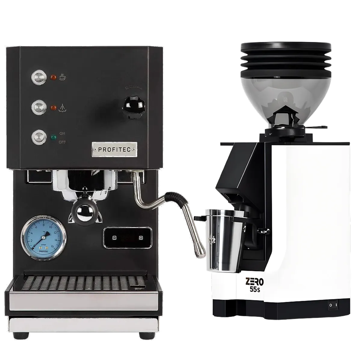A Profitec Go (Black) Espresso Machine, complete with Single Boiler PID and user-friendly dials and buttons, stands beside the Eureka Mignon Zero 55s Single Dose Coffee Grinder in white with a black top and metal dosing cup—together forming the ideal Profitec Coffee Grinder Bundle—all showcased on a white background.