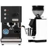 A Profitec Go (Black) Espresso Machine, complete with Single Boiler PID and user-friendly dials and buttons, stands beside the Eureka Mignon Zero 55s Single Dose Coffee Grinder in white with a black top and metal dosing cup—together forming the ideal Profitec Coffee Grinder Bundle—all showcased on a white background.