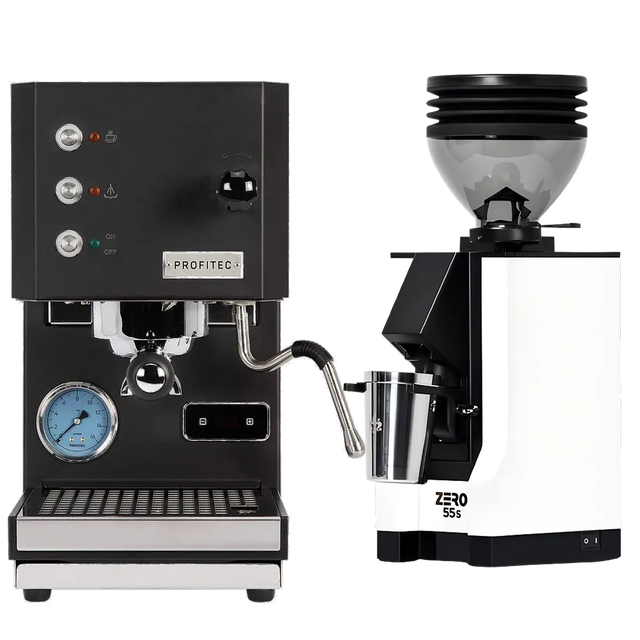 A Profitec Go (Black) Espresso Machine, complete with Single Boiler PID and user-friendly dials and buttons, stands beside the Eureka Mignon Zero 55s Single Dose Coffee Grinder in white with a black top and metal dosing cup—together forming the ideal Profitec Coffee Grinder Bundle—all showcased on a white background.
