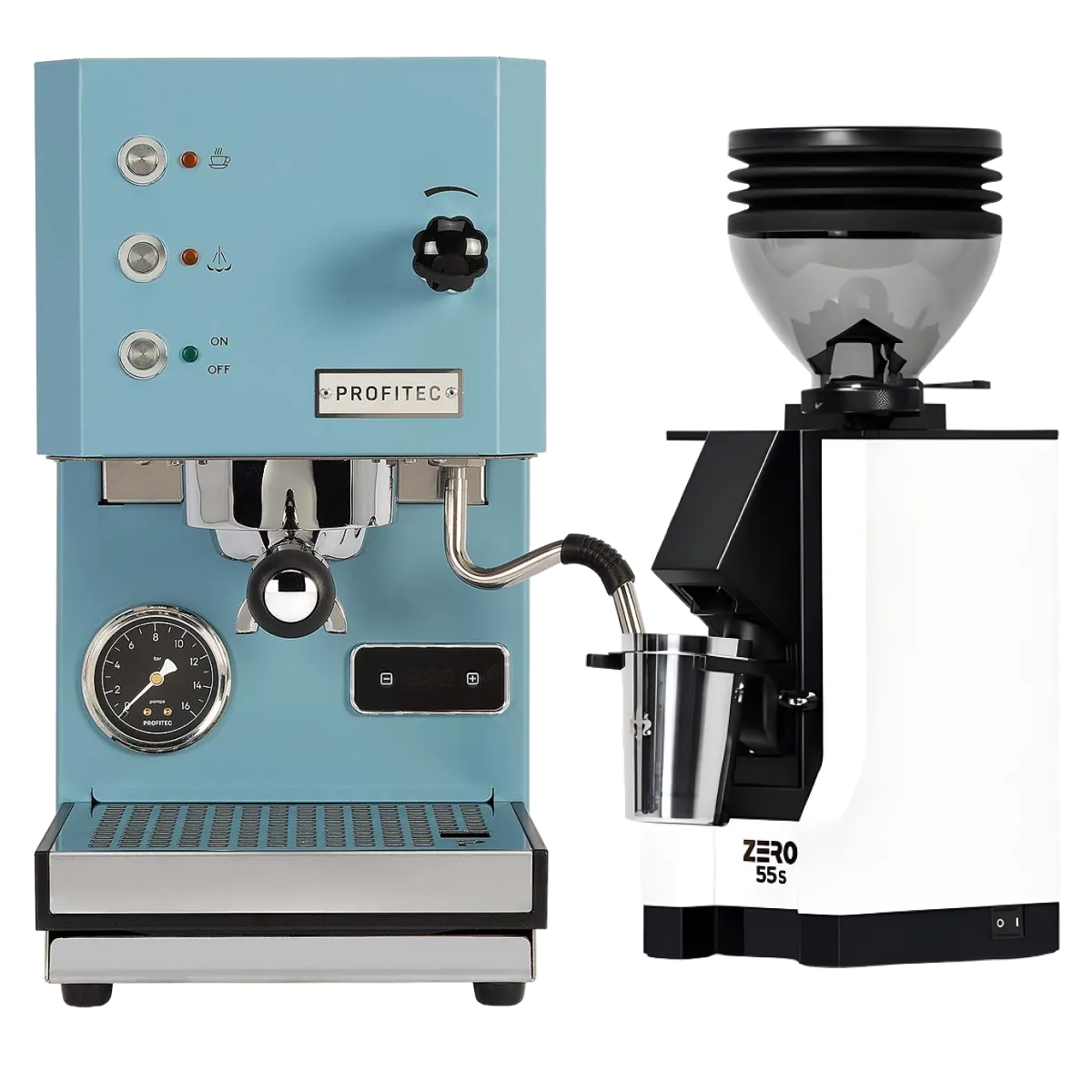 A Profitec Go (Blue) Espresso Machine and a Eureka Mignon Zero 55s Single Dose Coffee Grinder (White) from Profitec are side by side on a white background. The single boiler PID espresso machine features buttons, a pressure gauge, and a milk frother.