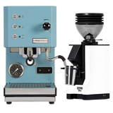 A Profitec Go (Blue) Espresso Machine and a Eureka Mignon Zero 55s Single Dose Coffee Grinder (White) from Profitec are side by side on a white background. The single boiler PID espresso machine features buttons, a pressure gauge, and a milk frother.