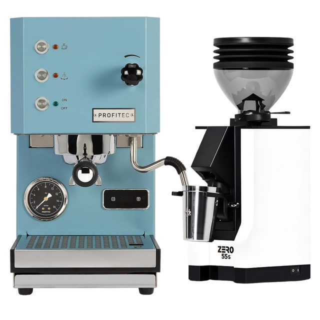 A Profitec Go (Blue) Espresso Machine and a Eureka Mignon Zero 55s Single Dose Coffee Grinder (White) from Profitec are side by side on a white background. The single boiler PID espresso machine features buttons, a pressure gauge, and a milk frother.
