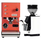 The Profitec Go (Red) Espresso Machine and the Eureka Mignon Zero 55s Single Dose Coffee Grinder (White), offered together as a bundle, are displayed side by side on a plain light background. The Profitec single boiler espresso machine features a PID, steam wand, and gauge, while the Eureka grinder has a black top.