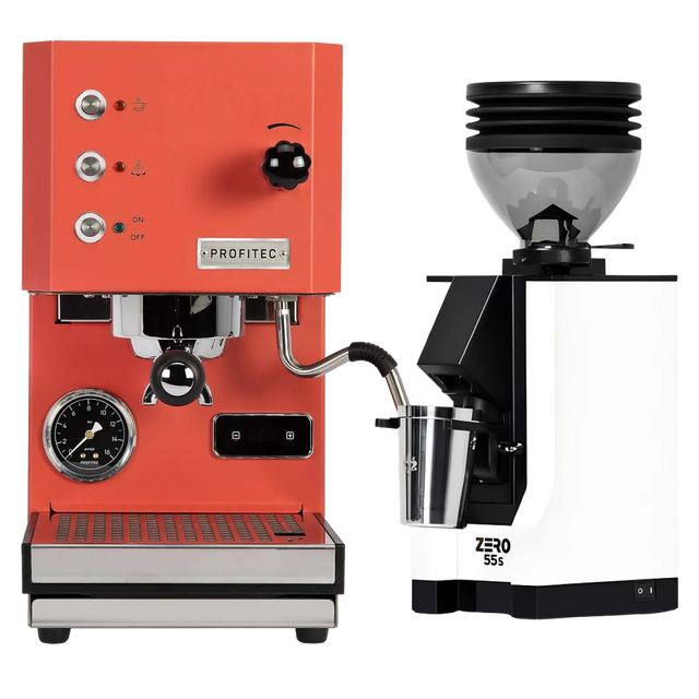 The Profitec Go (Red) Espresso Machine and the Eureka Mignon Zero 55s Single Dose Coffee Grinder (White), offered together as a bundle, are displayed side by side on a plain light background. The Profitec single boiler espresso machine features a PID, steam wand, and gauge, while the Eureka grinder has a black top.