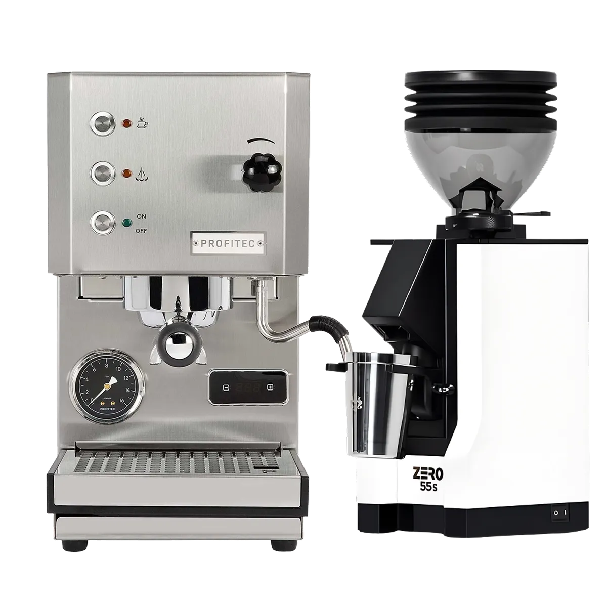 A Profitec Go (Stainless Steel) Espresso Machine with gauges and buttons is positioned next to a white Eureka Mignon Zero 55s Single Dose Coffee Grinder, both branded by Profitec and labeled "ZERO 555." The set includes a portafilter and grind catcher, all displayed on a plain white background.