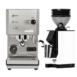 A Profitec Go (Stainless Steel) Espresso Machine with gauges and buttons is positioned next to a white Eureka Mignon Zero 55s Single Dose Coffee Grinder, both branded by Profitec and labeled "ZERO 555." The set includes a portafilter and grind catcher, all displayed on a plain white background.