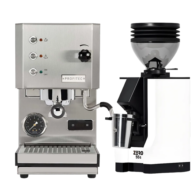 A Profitec Go (Stainless Steel) Espresso Machine with gauges and buttons is positioned next to a white Eureka Mignon Zero 55s Single Dose Coffee Grinder, both branded by Profitec and labeled "ZERO 555." The set includes a portafilter and grind catcher, all displayed on a plain white background.