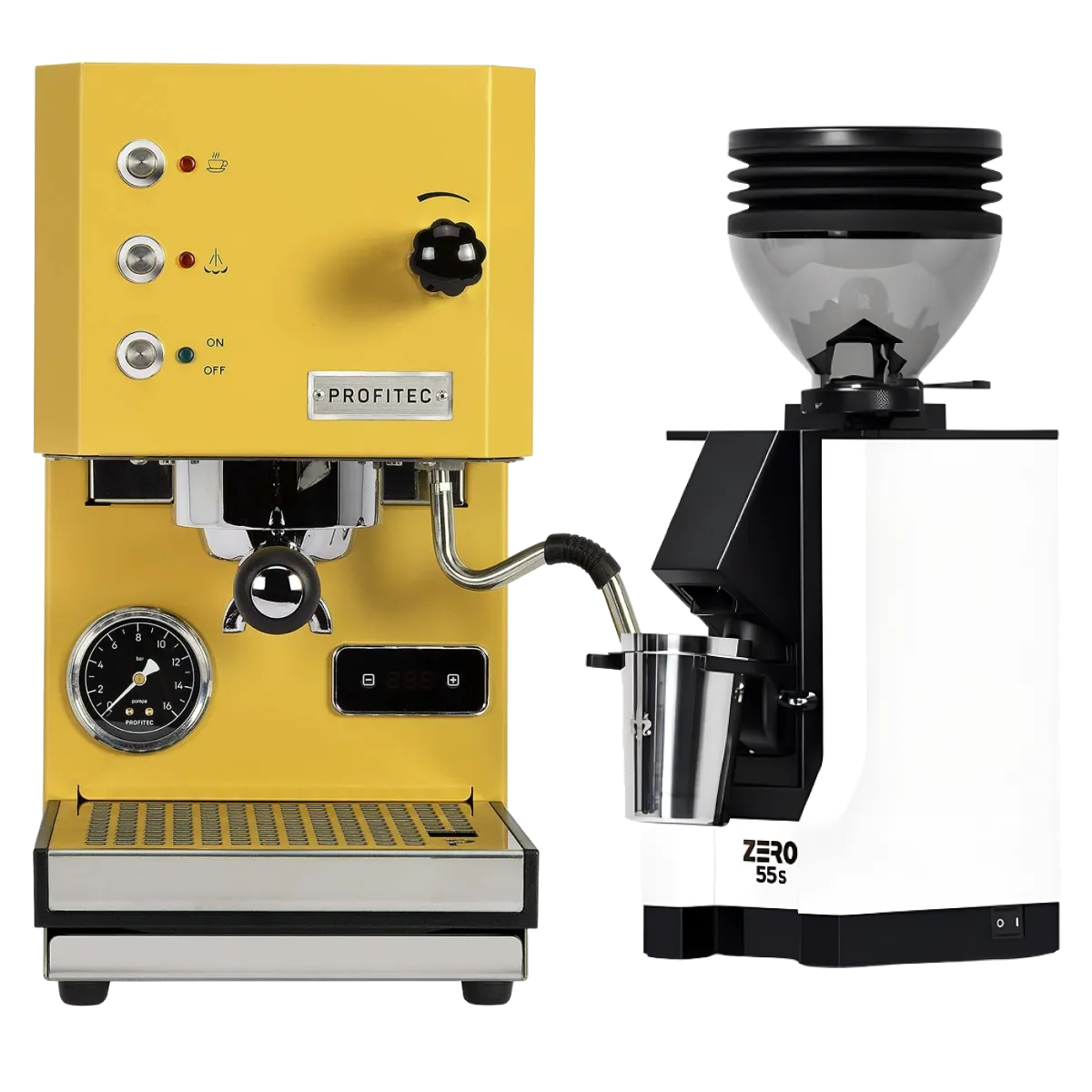 A Profitec Go (Yellow) Espresso Machine and a white Eureka Mignon Zero 55s Single Dose Coffee Grinder, bundled together, are positioned side by side on a clean, light background.