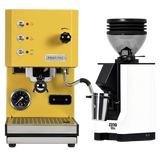 A Profitec Go (Yellow) Espresso Machine and a white Eureka Mignon Zero 55s Single Dose Coffee Grinder, bundled together, are positioned side by side on a clean, light background.