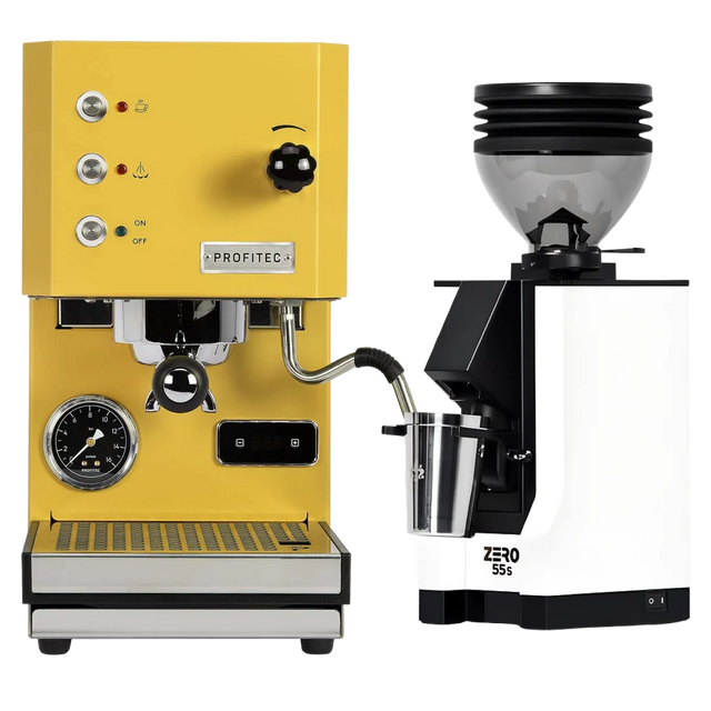 A Profitec Go (Yellow) Espresso Machine and a white Eureka Mignon Zero 55s Single Dose Coffee Grinder, bundled together, are positioned side by side on a clean, light background.