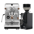The Profitec Jump Espresso Machine & Eureka Mignon Zero 55s Single Dose Coffee Grinder (Matte Black) Bundle by Profitec, featuring a classic E61 group head and sophisticated wooden accents on the espresso machine, is displayed side by side against a clean white background. The sleek black grinder is filled with fresh coffee beans, highlighting the bundle’s elegant design and premium craftsmanship.