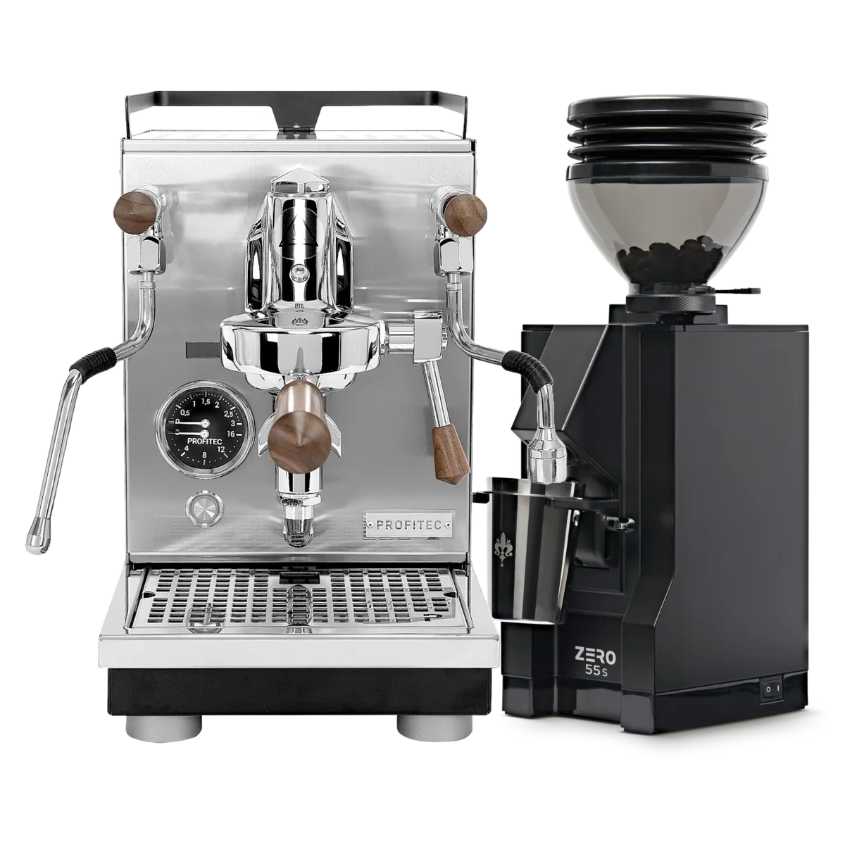 The Profitec Jump Espresso Machine & Eureka Mignon Zero 55s Single Dose Coffee Grinder (Matte Black) Bundle by Profitec, featuring a classic E61 group head and sophisticated wooden accents on the espresso machine, is displayed side by side against a clean white background. The sleek black grinder is filled with fresh coffee beans, highlighting the bundle’s elegant design and premium craftsmanship.