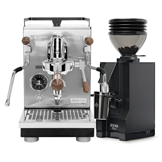 The Profitec Jump Espresso Machine & Eureka Mignon Zero 55s Single Dose Coffee Grinder (Matte Black) Bundle by Profitec, featuring a classic E61 group head and sophisticated wooden accents on the espresso machine, is displayed side by side against a clean white background. The sleek black grinder is filled with fresh coffee beans, highlighting the bundle’s elegant design and premium craftsmanship.