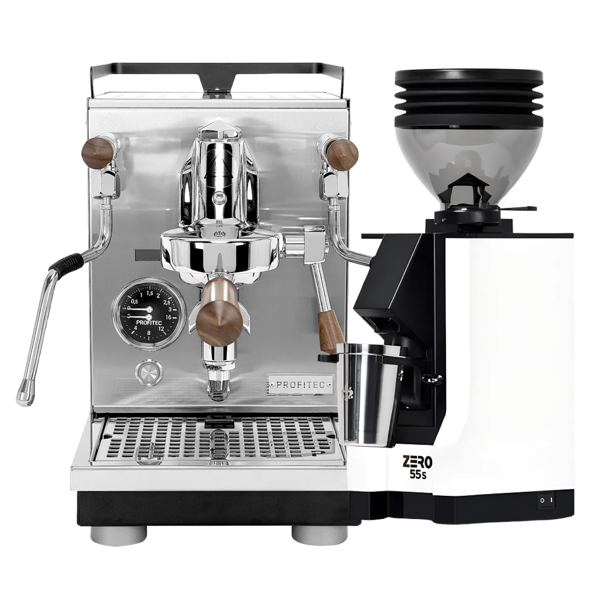 The Profitec Jump Espresso Machine, featuring a stainless steel heat exchanger and stylish wooden handles, is paired with the modern Eureka Mignon Zero 55s Single Dose Coffee Grinder in white. Both sit elegantly on a white background, while the machine’s multifunction switch streamlines espresso extraction for consistently perfect results.