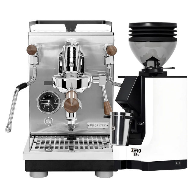 The Profitec Jump Espresso Machine, featuring a stainless steel heat exchanger and stylish wooden handles, is paired with the modern Eureka Mignon Zero 55s Single Dose Coffee Grinder in white. Both sit elegantly on a white background, while the machine’s multifunction switch streamlines espresso extraction for consistently perfect results.