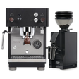 The Profitec Move Dual Boiler Espresso Machine (Black) sits next to the Eureka Mignon Zero 55s Single Dose Coffee Grinder (Matte Black), both featuring digital displays and elegant wooden accents. The espresso machine’s compact stainless steel design and integrated steam wand, paired with the grinder’s clear hopper filled with coffee beans, deliver professional-quality espresso in any setting.