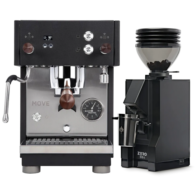 The Profitec Move Dual Boiler Espresso Machine (Black) sits next to the Eureka Mignon Zero 55s Single Dose Coffee Grinder (Matte Black), both featuring digital displays and elegant wooden accents. The espresso machine’s compact stainless steel design and integrated steam wand, paired with the grinder’s clear hopper filled with coffee beans, deliver professional-quality espresso in any setting.