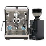 A Profitec Ride Espresso Machine in black and stainless steel is shown alongside a Eureka Mignon Zero 55s Single Dose Coffee Grinder in matte black, with a clear hopper filled with coffee beans.