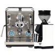 A Profitec Ride Espresso Machine in black and stainless steel is paired with a white Eureka Mignon Zero 55s single dose coffee grinder, both displayed together against a plain background.
