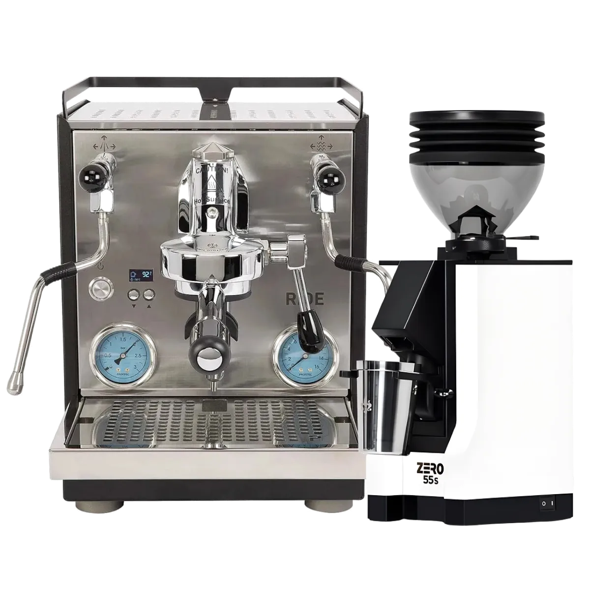 A Profitec Ride Espresso Machine in black and stainless steel is paired with a white Eureka Mignon Zero 55s single dose coffee grinder, both displayed together against a plain background.