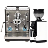A Profitec Ride Espresso Machine in black and stainless steel is paired with a white Eureka Mignon Zero 55s single dose coffee grinder, both displayed together against a plain background.