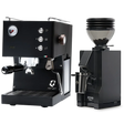 The Quick Mill Pop-up (Black) Espresso Machine, featuring PID temperature control and a pressure gauge, sits beside the matching Eureka Mignon Zero 55s Single Dose Coffee Grinder (Black), both from Quick Mill, displayed on a white background.