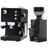 The Quick Mill Pop-up (Black) Espresso Machine, featuring PID temperature control and a pressure gauge, sits beside the matching Eureka Mignon Zero 55s Single Dose Coffee Grinder (Black), both from Quick Mill, displayed on a white background.