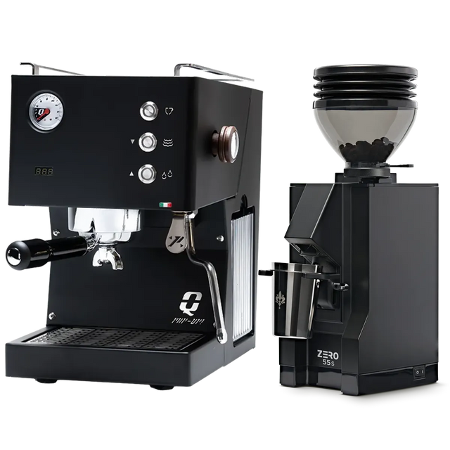 The Quick Mill Pop-up (Black) Espresso Machine, featuring PID temperature control and a pressure gauge, sits beside the matching Eureka Mignon Zero 55s Single Dose Coffee Grinder (Black), both from Quick Mill, displayed on a white background.