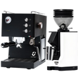 A Quick Mill Pop-up (Black) Espresso Machine, featuring gauges and buttons that reflect Italian craftsmanship, stands beside a white Eureka Mignon Zero 55s Single Dose Coffee Grinder with a black hopper labeled "ZERO 555." Both premium devices from Quick Mill are displayed against a plain white background.