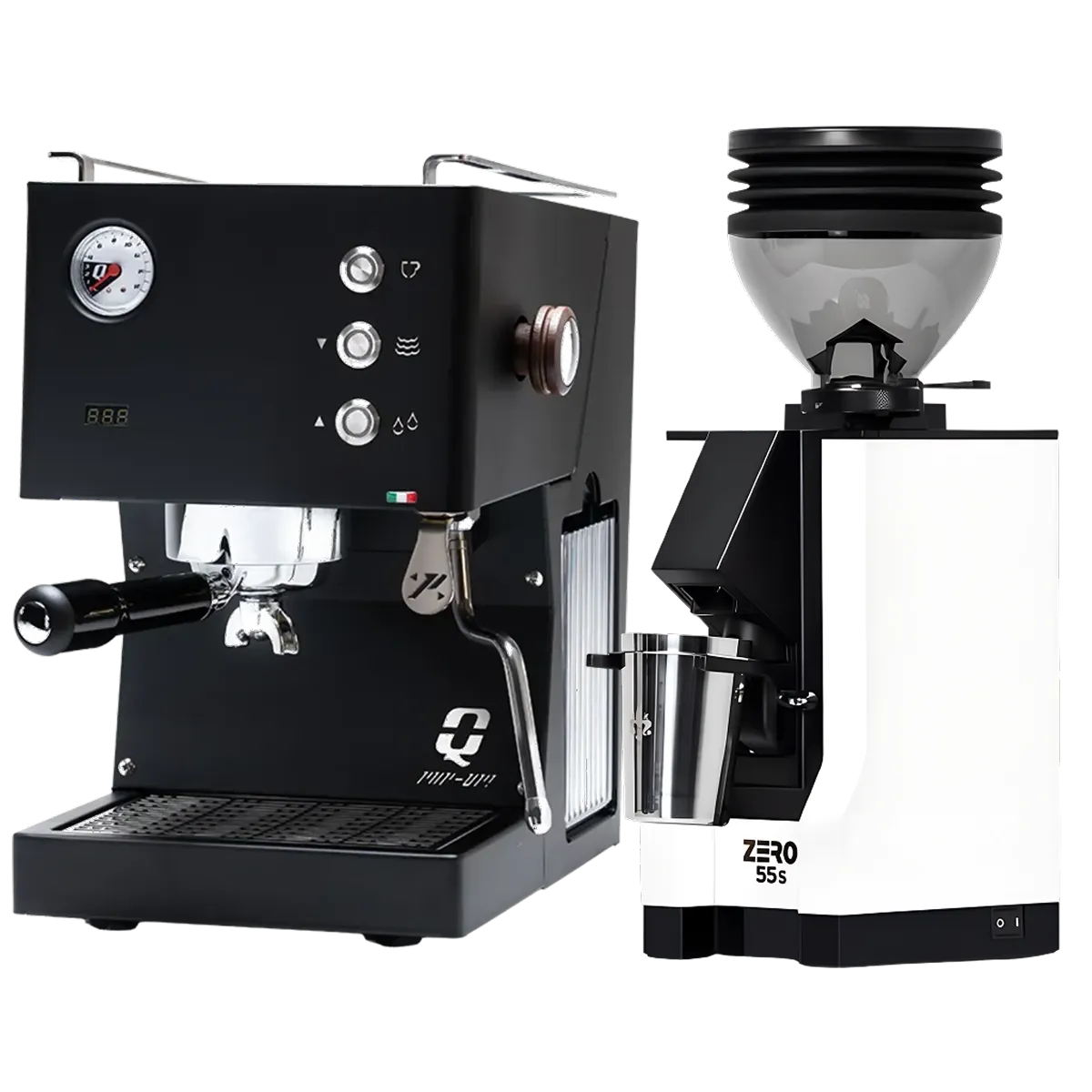 A Quick Mill Pop-up (Black) Espresso Machine, featuring gauges and buttons that reflect Italian craftsmanship, stands beside a white Eureka Mignon Zero 55s Single Dose Coffee Grinder with a black hopper labeled "ZERO 555." Both premium devices from Quick Mill are displayed against a plain white background.