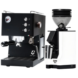 A Quick Mill Pop-up (Black) Espresso Machine, featuring gauges and buttons that reflect Italian craftsmanship, stands beside a white Eureka Mignon Zero 55s Single Dose Coffee Grinder with a black hopper labeled "ZERO 555." Both premium devices from Quick Mill are displayed against a plain white background.