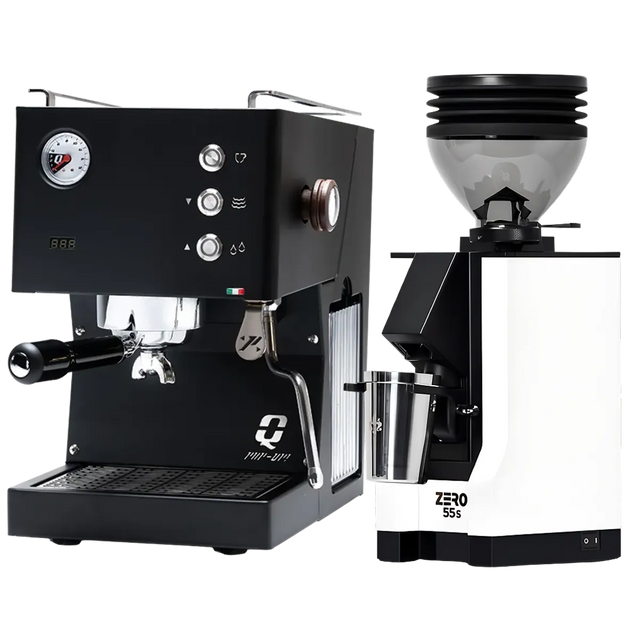 A Quick Mill Pop-up (Black) Espresso Machine, featuring gauges and buttons that reflect Italian craftsmanship, stands beside a white Eureka Mignon Zero 55s Single Dose Coffee Grinder with a black hopper labeled "ZERO 555." Both premium devices from Quick Mill are displayed against a plain white background.