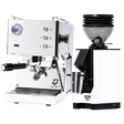 The Quick Mill Pop-up (Stainless Steel) Espresso Machine with PID temperature control stands beside the sleek Eureka Mignon Zero 55s Single Dose Coffee Grinder in white, both from Quick Mill, set against a clean white background.