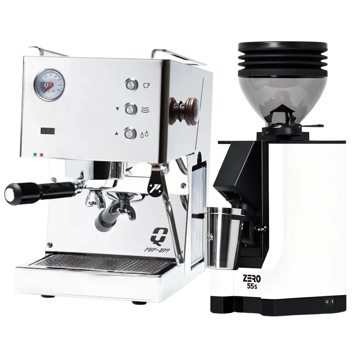 The Quick Mill Pop-up (Stainless Steel) Espresso Machine with PID temperature control stands beside the sleek Eureka Mignon Zero 55s Single Dose Coffee Grinder in white, both from Quick Mill, set against a clean white background.