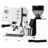 The Quick Mill Pop-up (Stainless Steel) Espresso Machine with PID temperature control stands beside the sleek Eureka Mignon Zero 55s Single Dose Coffee Grinder in white, both from Quick Mill, set against a clean white background.