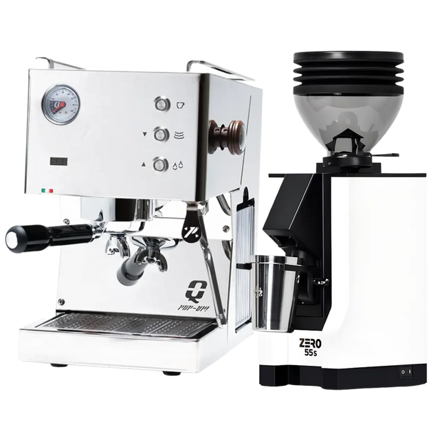 The Quick Mill Pop-up (Stainless Steel) Espresso Machine with PID temperature control stands beside the sleek Eureka Mignon Zero 55s Single Dose Coffee Grinder in white, both from Quick Mill, set against a clean white background.