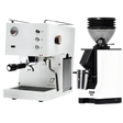 A Quick Mill Pop-up Espresso Machine (White) featuring gauges, knobs, and PID temperature control is displayed alongside a matching Eureka Mignon Zero 55s Single Dose Coffee Grinder (White), both from Quick Mill, set against a white background.