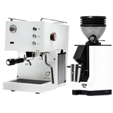 A Quick Mill Pop-up Espresso Machine (White) featuring gauges, knobs, and PID temperature control is displayed alongside a matching Eureka Mignon Zero 55s Single Dose Coffee Grinder (White), both from Quick Mill, set against a white background.