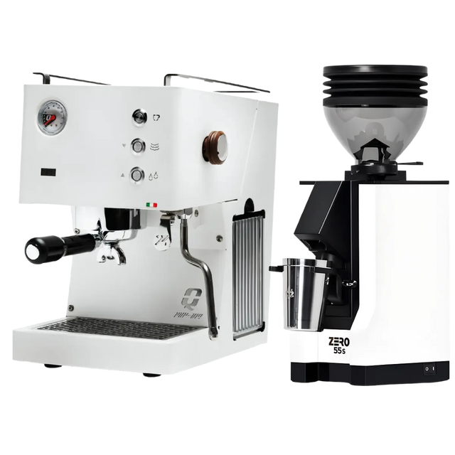 A Quick Mill Pop-up Espresso Machine (White) featuring gauges, knobs, and PID temperature control is displayed alongside a matching Eureka Mignon Zero 55s Single Dose Coffee Grinder (White), both from Quick Mill, set against a white background.