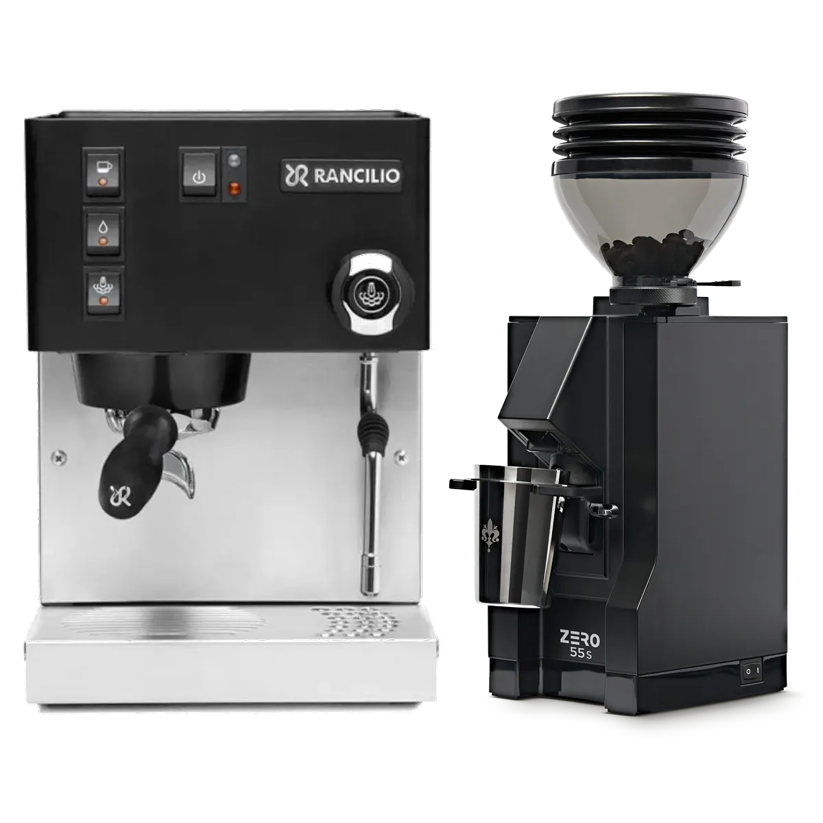 A Rancilio Silvia M V6 Espresso Machine (Limited Edition Black and Stainless Steel) sits next to a Eureka Mignon Zero 55s Single Dose Coffee Grinder in Matte Black, both from Rancilio, displayed on a white background.