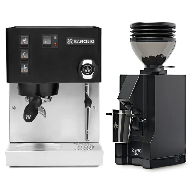 A Rancilio Silvia M V6 Espresso Machine (Limited Edition Black and Stainless Steel) sits next to a Eureka Mignon Zero 55s Single Dose Coffee Grinder in Matte Black, both from Rancilio, displayed on a white background.