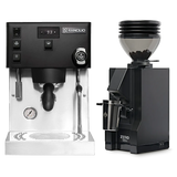 A Rancilio Silvia Pro X Espresso Machine (Black) and a Eureka Mignon Zero 55s Single Dose Coffee Grinder (Matte Black) from Rancilio are displayed side by side on a white background.