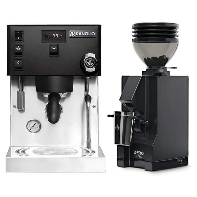 A Rancilio Silvia Pro X Espresso Machine (Black) and a Eureka Mignon Zero 55s Single Dose Coffee Grinder (Matte Black) from Rancilio are displayed side by side on a white background.