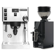 A Rancilio Silvia Pro X Espresso Machine in stainless steel, featuring advanced PID temperature control, and a matte black Eureka Mignon Zero 55s Single Dose Coffee Grinder are displayed side by side on a white background as part of a convenient bundle.
