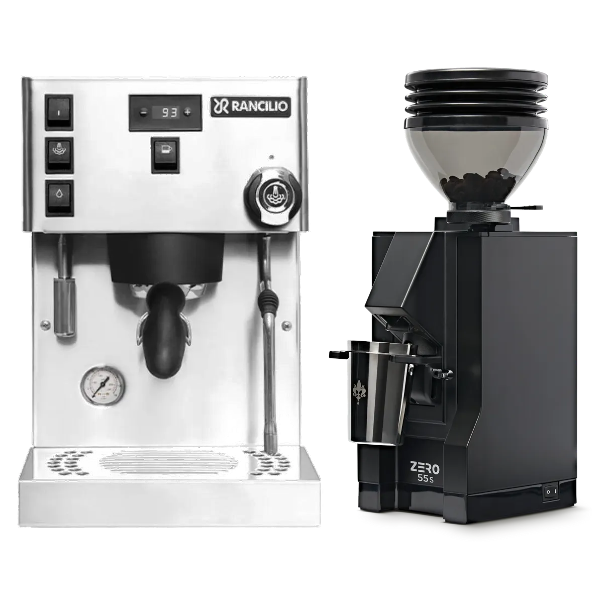 A Rancilio Silvia Pro X Espresso Machine in stainless steel, featuring advanced PID temperature control, and a matte black Eureka Mignon Zero 55s Single Dose Coffee Grinder are displayed side by side on a white background as part of a convenient bundle.