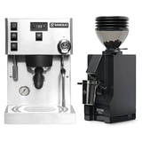 A Rancilio Silvia Pro X Espresso Machine in stainless steel, featuring advanced PID temperature control, and a matte black Eureka Mignon Zero 55s Single Dose Coffee Grinder are displayed side by side on a white background as part of a convenient bundle.