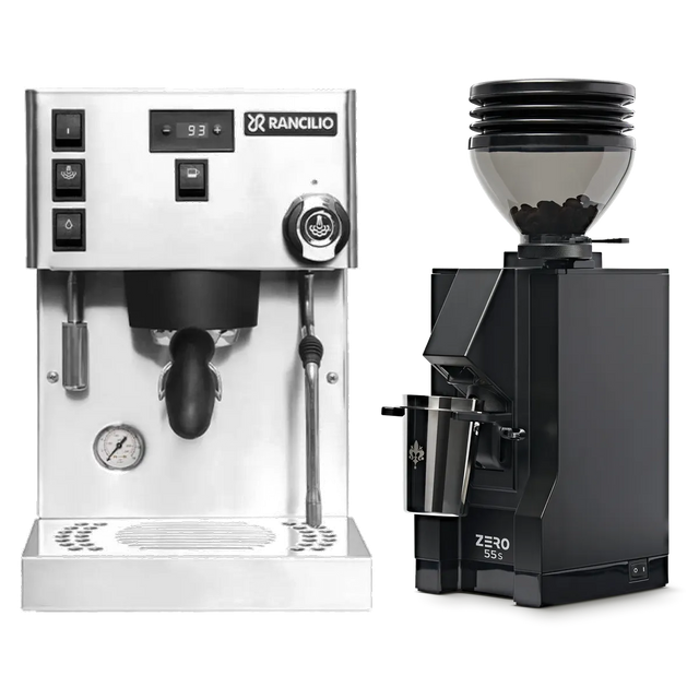 A Rancilio Silvia Pro X Espresso Machine in stainless steel, featuring advanced PID temperature control, and a matte black Eureka Mignon Zero 55s Single Dose Coffee Grinder are displayed side by side on a white background as part of a convenient bundle.