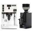 A white Rancilio Silvia Pro X Espresso Machine sits alongside a matte black Eureka Mignon Zero 55s Single Dose Coffee Grinder, both from Rancilio and showcased on a white background, creating an inviting bundle setup for making professional-quality espresso at home.